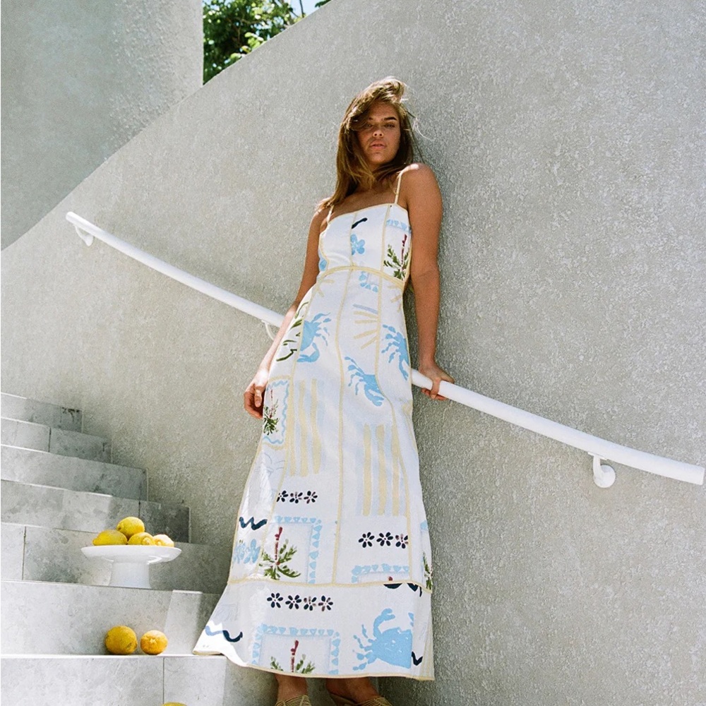 Sabo Skirt White Maxi Dress with Blue and Yellow Accents